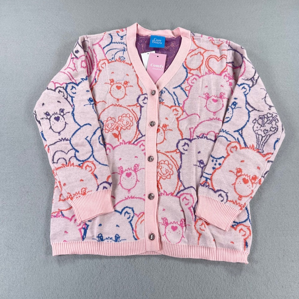 Care Bears Girls Pink Intarsia Knit Cardigan Sweater Rhinestone Buttons L+ NEW